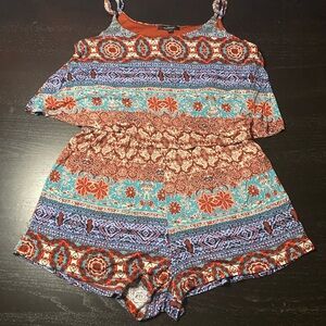 Ambiance Multicolor Floral & Geometric Romper - Turquoise & Rust